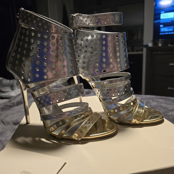 JIMMY CHOO Silver & Gold Metallic Ankle Caged Stilettos - Picture 4 of 14